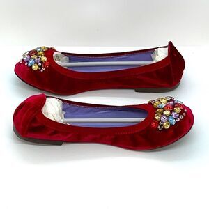 Red Suede Flats With Round Toes and Gemstone Accents. Size 8.5